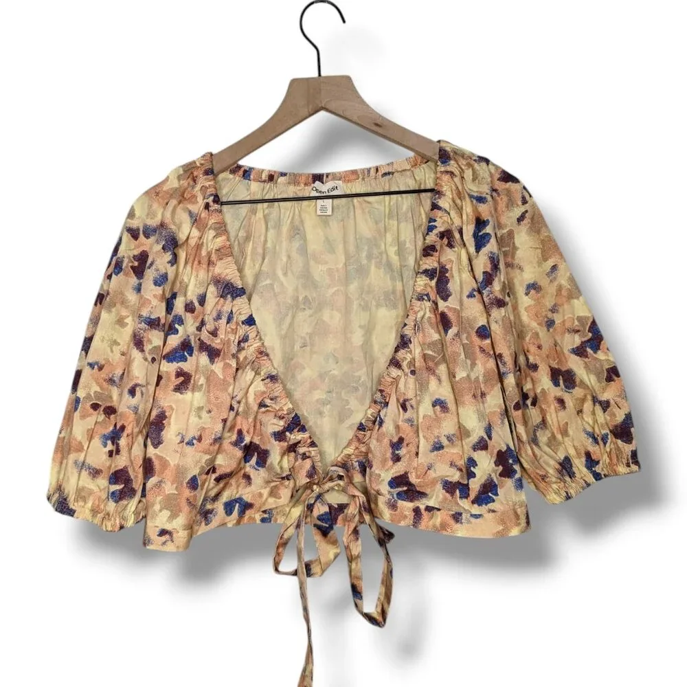 New Open Edit Cropped Wrap Puff Sleeve Wrap Top Multicolor Poplin L Nordstrom - Picture 4 of 6